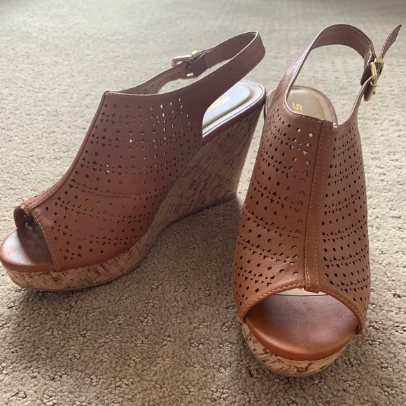 Soda Shoes - SODA Light Brown Peep Toe Cork Wedges